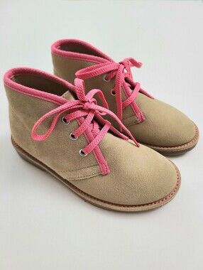 Lands End Girl's Beige Suede Leather Ankle Boots Size 12 Pink Trim and Laces